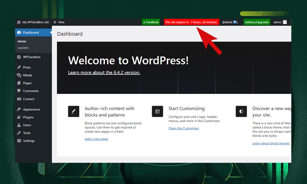 WPSandbox.net WordPress dashboard